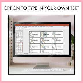 Computer monitor displaying a presentation slide with text placeholders on a pink background with text on top 'option to type in your own text.'
