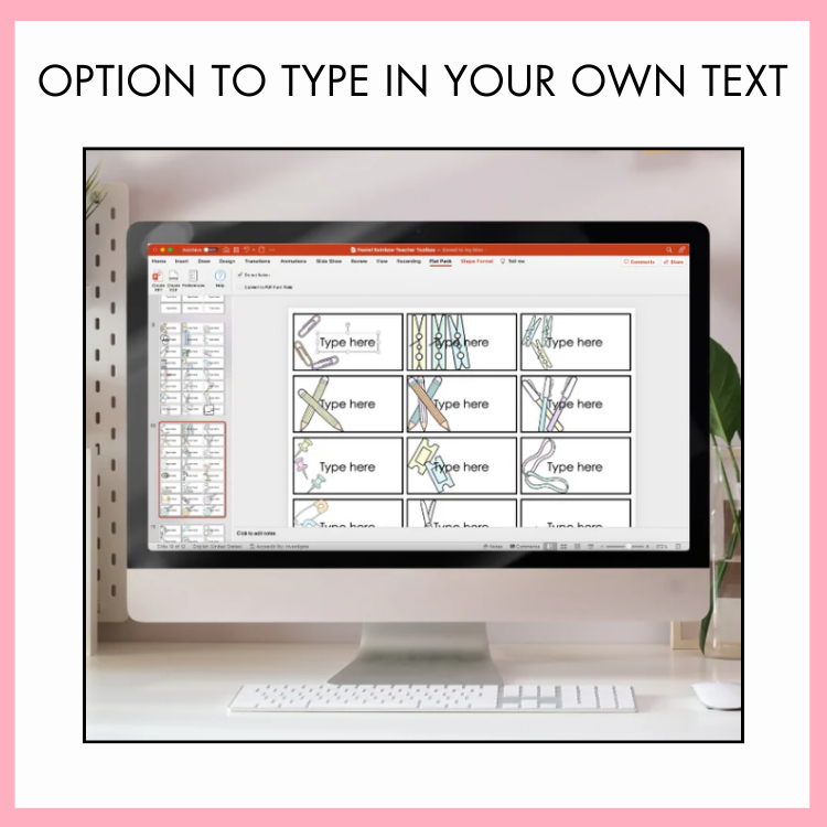 Computer monitor displaying a presentation slide with text placeholders on a pink background with text on top 'option to type in your own text.'