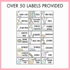 Collection of school supplies labels on a white background with text on top that reads 'over 50 labels provided' with pink border. 