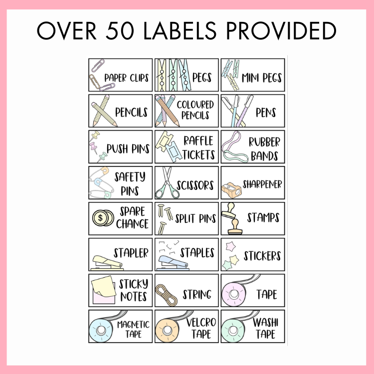 Collection of school supplies labels on a white background with text on top that reads 'over 50 labels provided' with pink border. 