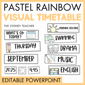 Pastel rainbow visual timetable with daily activities such as moring routine, swimming, drama, music and english. Labels such as What's on Today, Thursday, September, 2025, 8:45, and a clock are also shown with editable PowerPoint text.