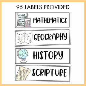 Set of educational labels for Mathematics, Geography, History, and Scripture on a white background with text '95 labels provided'.