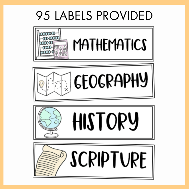 Set of educational labels for Mathematics, Geography, History, and Scripture on a white background with text '95 labels provided'.