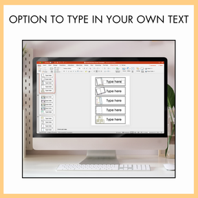 Computer monitor displaying a powerpoint slide with text placeholders on a desk and on top of this image, the text reads 'option to type in your own text'.