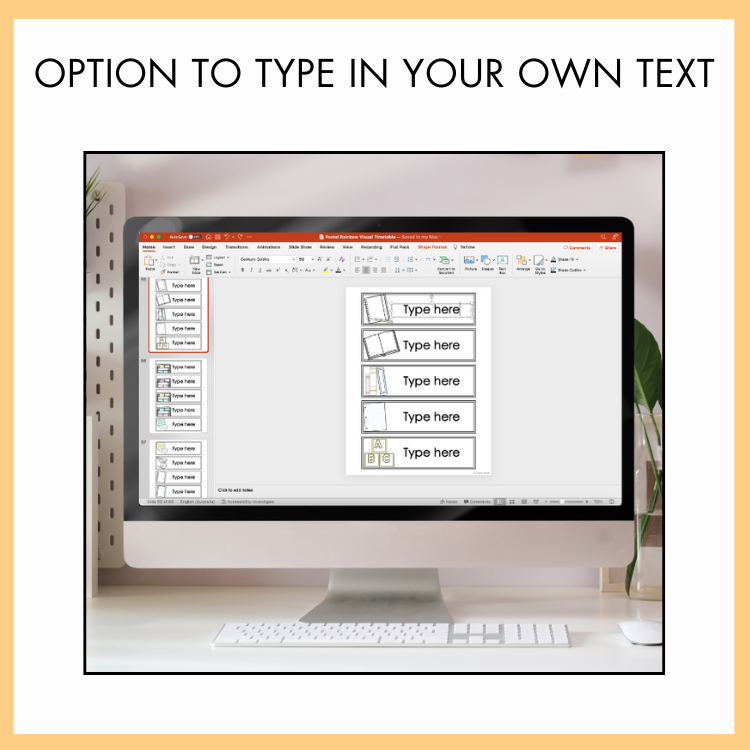 Computer monitor displaying a powerpoint slide with text placeholders on a desk and on top of this image, the text reads 'option to type in your own text'.