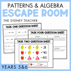 Educational materials for patterns and algebra escape room activity for Years 5&6 by The Sydney Teacher, including task cards and question sheets, on a light blue background.