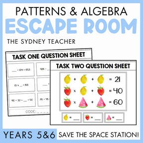 Educational materials for 'Patterns & Algebra Escape Room' by The Sydney Teacher for Years 5&6 with question sheets on a blue background.