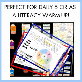 Word Work puzzles inside dry erase pockets held by a hand with text 'perfect for daily 5 or as a literacy warm-up!'.