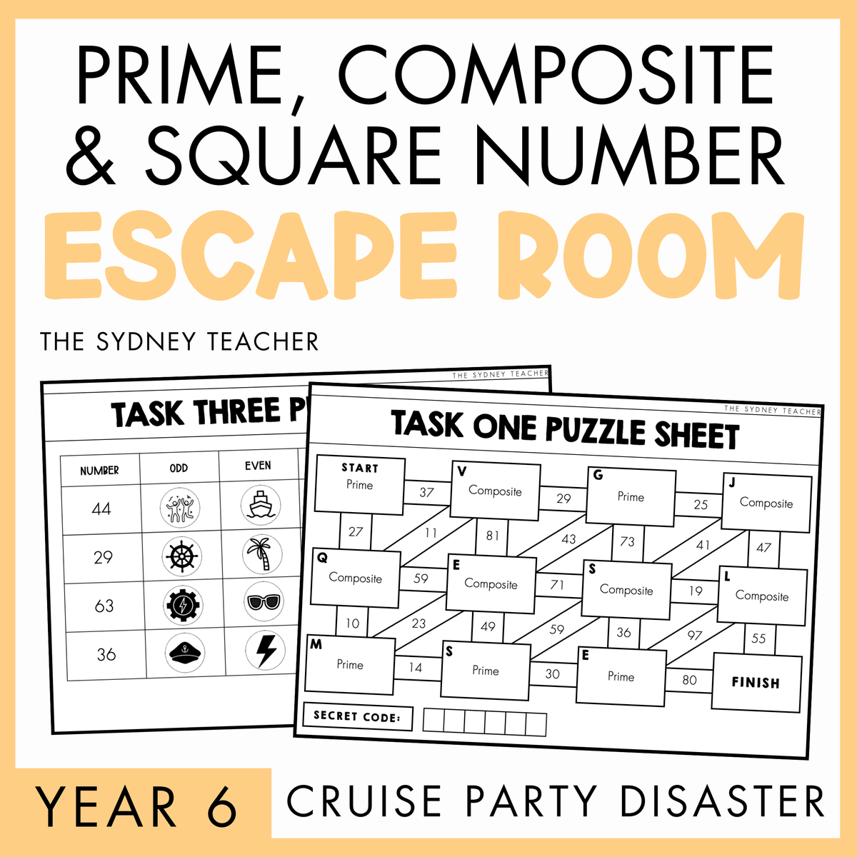 Two educational puzzle sheets for a prime, composite, and square number escape room activity by The Sydney Teacher. At the bottom, the text reads 'Cruise Party Disaster' and beside is a yellow banner with text 'Year 6'.