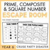 Two educational puzzle sheets for a prime, composite, and square number escape room activity by The Sydney Teacher. At the bottom, the text reads 'Cruise Party Disaster' and beside is a yellow banner with text 'Year 6'.