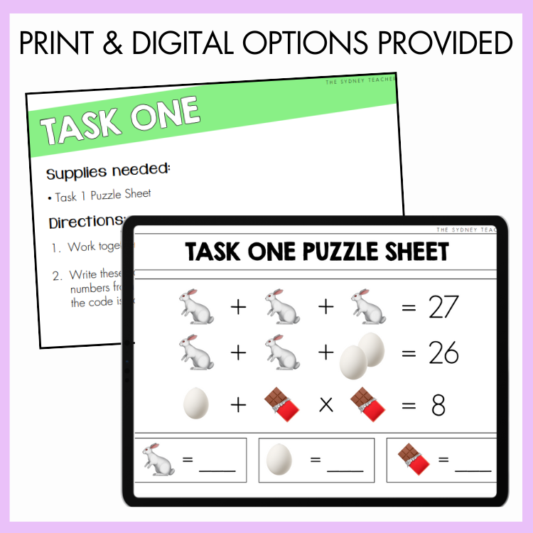 Educational puzzle sheet with rabbit and egg illustrations on a tablet screen and printed task one sheet with supplies needed and directions. Above is the text 'Print and Digital Options Provided.'