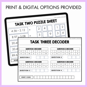 Two educational worksheets titled 'Task Two Puzzle Sheet' projected in a tablet and printed 'Task Three Decoder' on a light purple background. At the top, the text reads, 'Print and Digital Options Provided.'