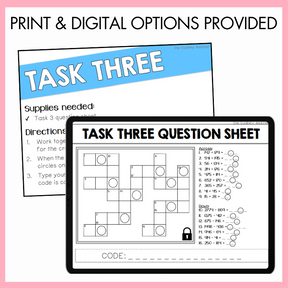 Task Three question sheet with a digital crossword puzzle shown in tablet screen with text 'print and digital options provided' on a pink background.