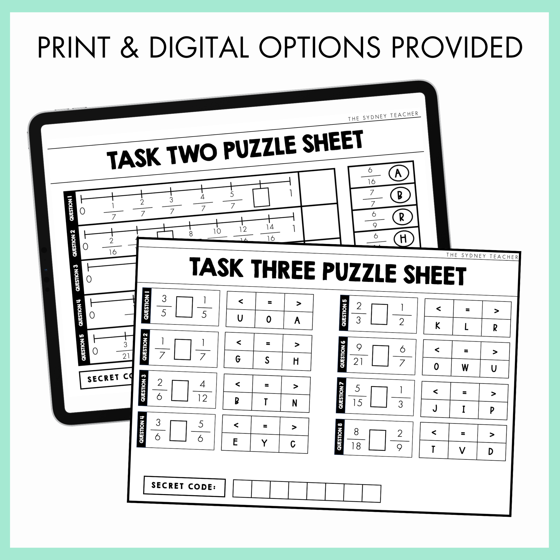 Two puzzle sheets labeled 'Task Two' and 'Task Three' with fraction questions on a light green background with text 'Print & Digital Options Provided'.