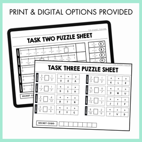 Two puzzle sheets labeled 'Task Two' and 'Task Three' with fraction questions on a light green background with text 'Print & Digital Options Provided'.