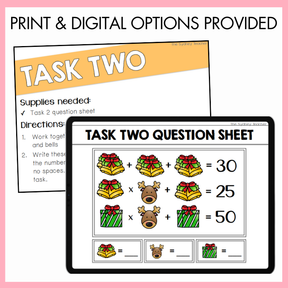 Task sheets with Christmas-themed math problems with labels Task Two and Task Two Question Sheet  on a pink background with text 'Print and Digital Options Provided' on top. 