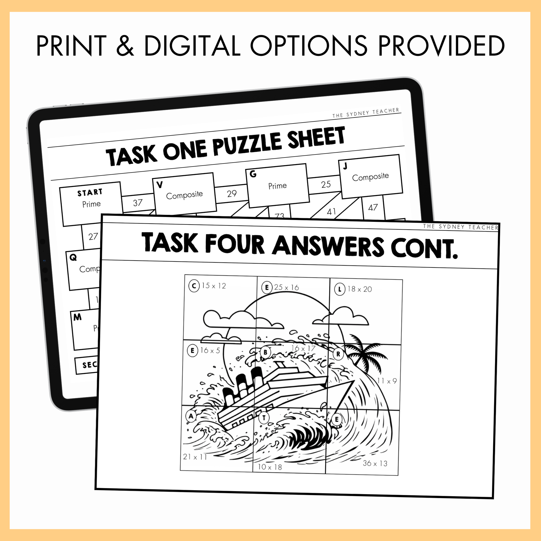 Educational puzzle sheet with a ship design and task one puzzle sheet with mathematical maze elements on a digital device screen. The text at the top reads 'Print and digital options provided'.  