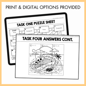 Educational puzzle sheet with a ship design and task one puzzle sheet with mathematical maze elements on a digital device screen. The text at the top reads 'Print and digital options provided'.  