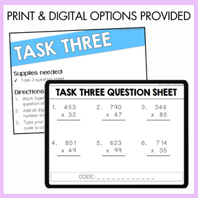 Task Three question sheet with multiplication problems on a purple background with text above that reads 'Print and Digital Options Provided'