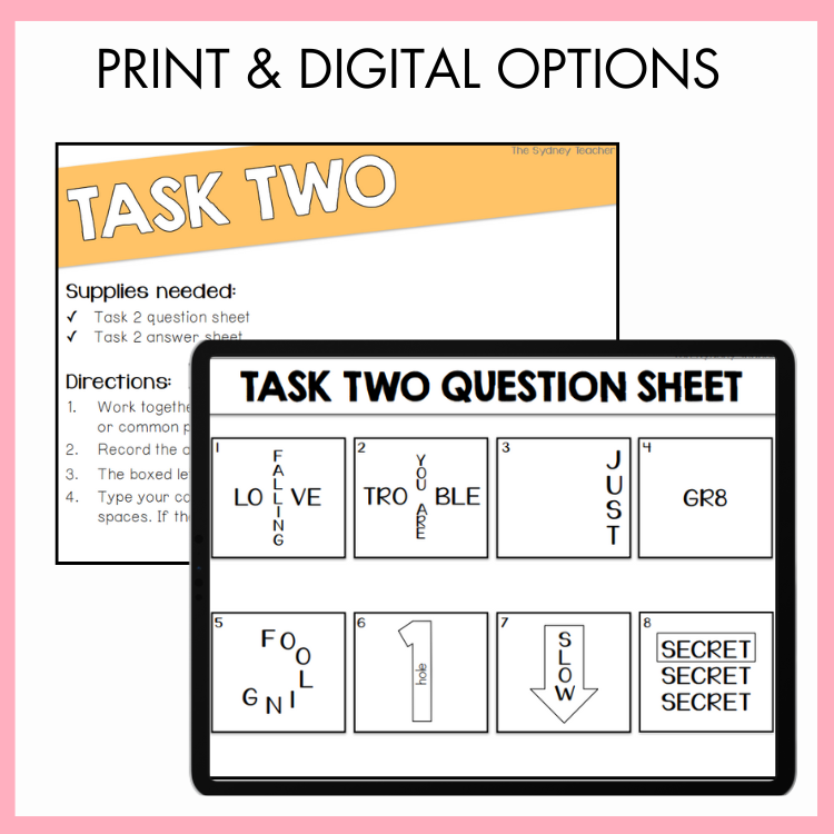 Logic Puzzle / Team Building Escape Room | Year 5 & 6 [Volume 2] showing one printabke task card and a tablet screen showing digital task two question sheet.