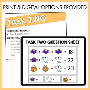 Task sheets with Halloween-themed math problems with labels Task Two and Task Two Question Sheet  on a yellow background with text 'Print and Digital Options Provided' on top. 