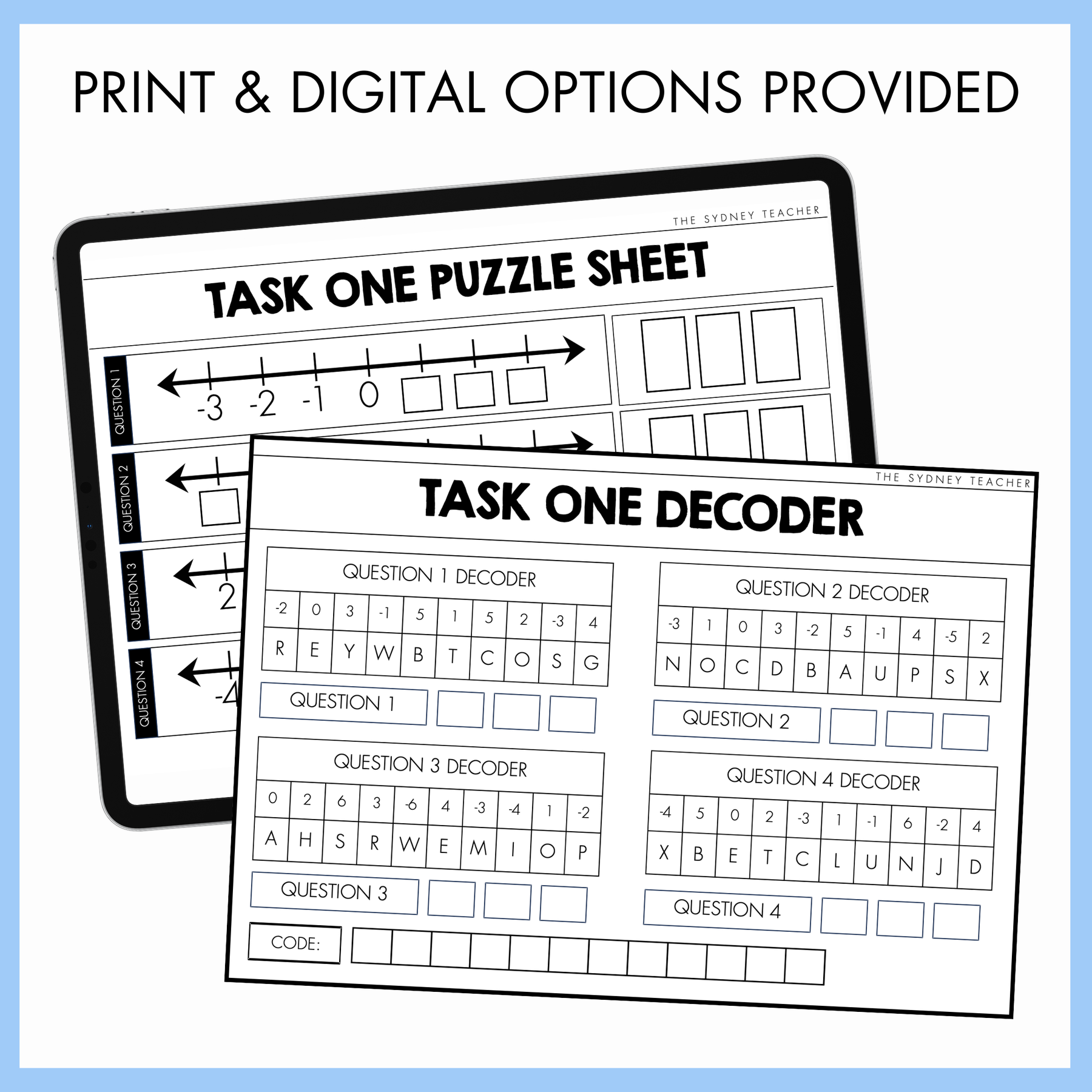 Educational task one puzzle sheet with number lines on a digital device screen and printed task one puzzle sheet decoder. The text at the top reads 'Print and digital options provided'. 