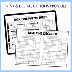 Educational task one puzzle sheet with number lines on a digital device screen and printed task one puzzle sheet decoder. The text at the top reads 'Print and digital options provided'. 