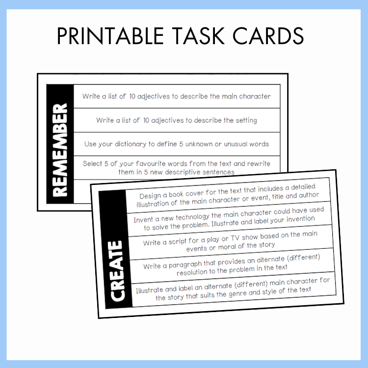 Printable task cards with writing prompts on a white background.