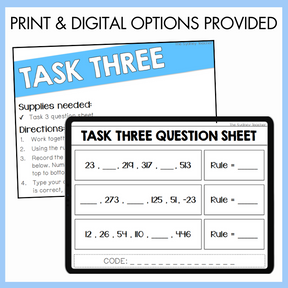 Task Three question sheet with supplies needed and directions on a blue background.