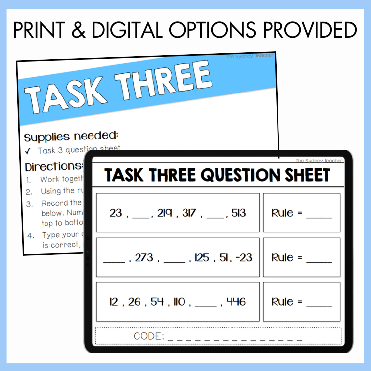 Task Three question sheet with supplies needed and directions on a blue background.