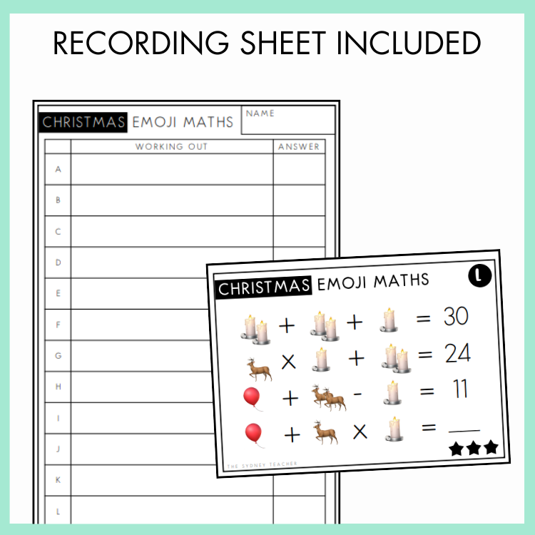 Christmas emoji math recording sheet with sample task card on a light green background with text 'Recording Sheet Included.'