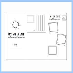 Blank layout for recount trifold with text 'My Weekend Adventures' and 'Weekend Highlights' and frames on a white background with light blue border.
