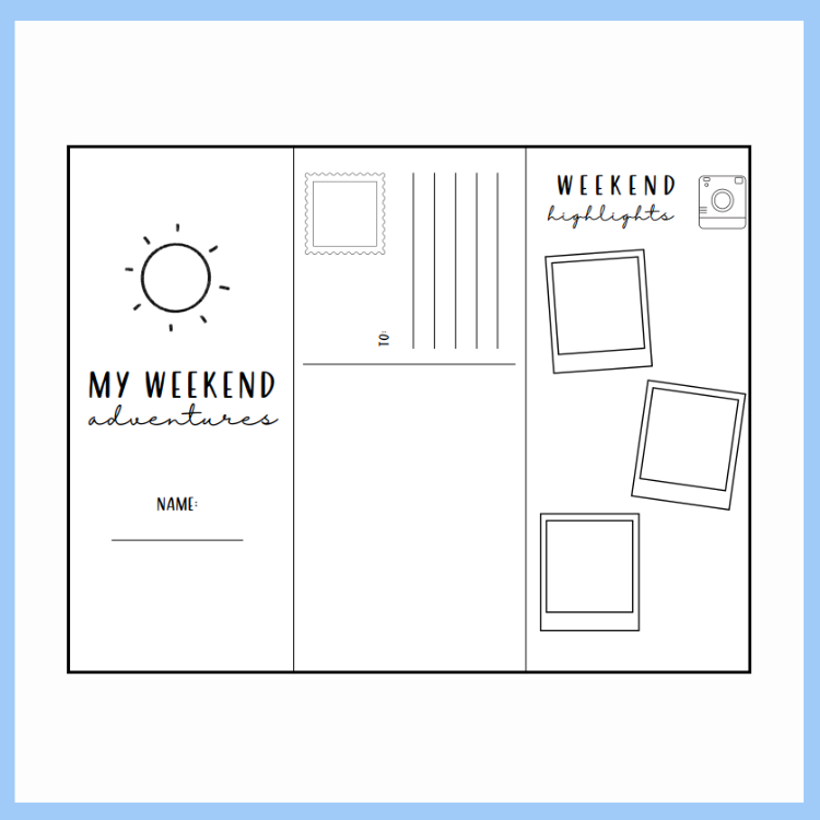 Blank layout for recount trifold with text 'My Weekend Adventures' and 'Weekend Highlights' and frames on a white background with light blue border.