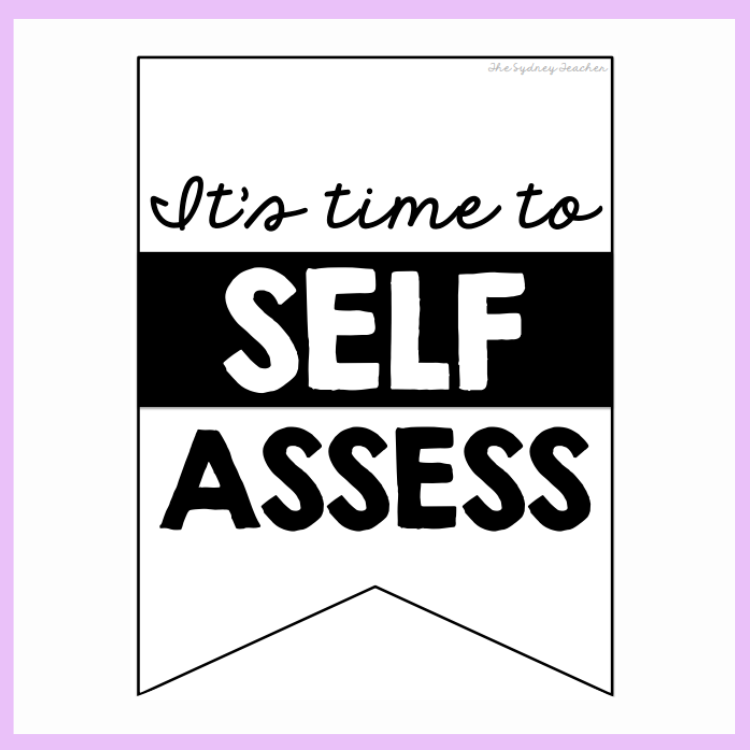 Motivational banner with text 'It's time to self assess' on a white background with a purple border.