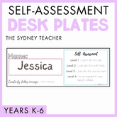 Self-assessment desk plates for years K-6 by the Sydney Teacher for students with a nameplate and self-assessment scale on a purple background.