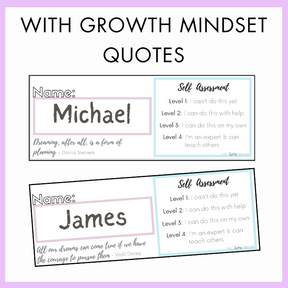 Two nameplates with self-assessment levels and growth mindset quotes on a purple background with text on top that reads 'with growth mindset quotes'.