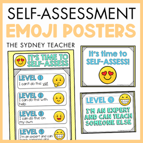 Self-assessment emoji posters by the Sydney Teacher with levels and smiley face indicators on a yellow background.