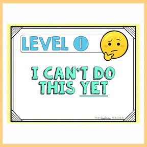 Educational poster with 'Level 1' and 'I can't do this yet' text, featuring a thinking emoji.