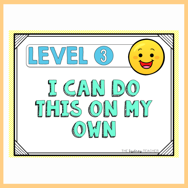 Educational poster with 'Level 3 I can do this on my own' text and a smiley face on a yellow border.