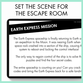 Text describing an escape room scenario with Earth Express Mission theme projected in a tablet. At the top, the text states, 'Set the Scene for the Escape Room'.
