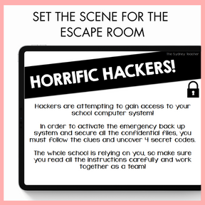 Set the Scene for the Escape Room cover featuring a tablet screen with the scene 'Horrific Hackers!'