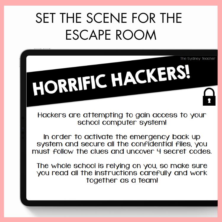 Set the Scene for the Escape Room cover featuring a tablet screen with the scene 'Horrific Hackers!'