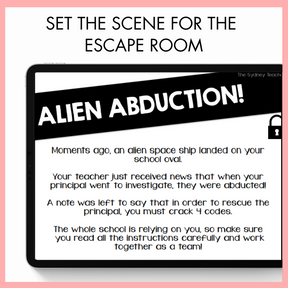 Text describing an alien abduction scenario for an escape room on a tablet screen with text 'Set the scene for the escape room'.