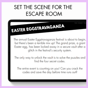 Promotional text for an Easter Eggstravaganza escape room event on a tablet screen. Above is the text that reads 'Set the Scene for the Escape Room.'