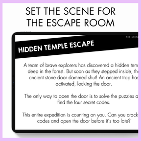 Promotional text for a hidden temple escape room adventure on a white background with black text in a tablet's screen. At the top, the text reads 'Set the scene for the escape room'. 