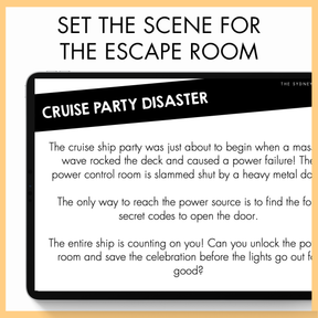 Text-based escape room scenario for a cruise party disaster on a tablet screen. At the top, the text reads 'set the scene for the escape room'. 