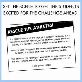 Text-based image with instructions to 'Rescue the Athletes' for an Olympic-themed challenge. At the top, the text reads 'Set the scene to get the students excited for the challenge ahead!'
