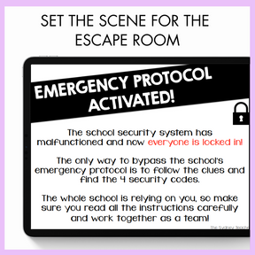Emergency protocol activated sign for an escape room scenario on a white background with black text in a tablet screen.