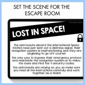 Escape room scenario with text 'Lost in Space' and instructions for the students to save the astronauts.
