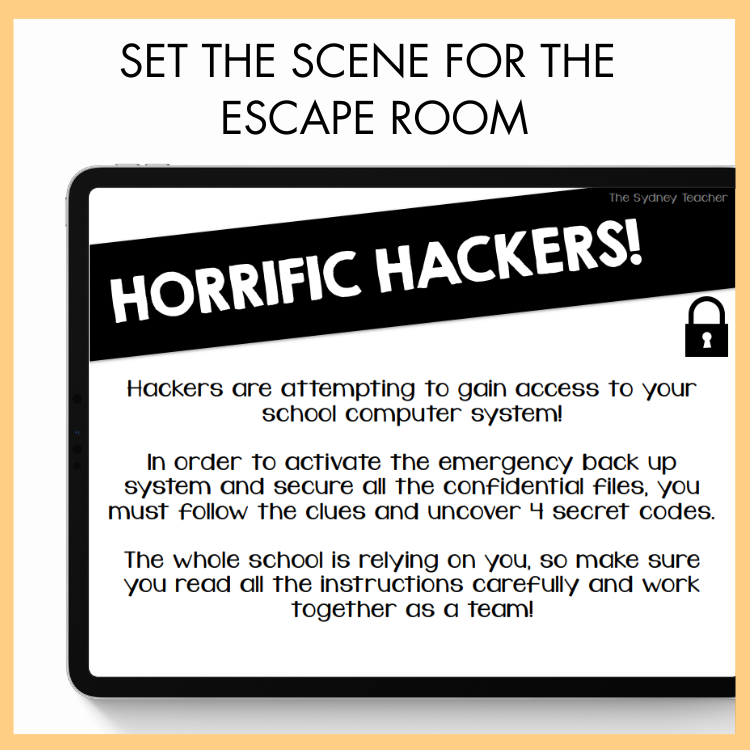Escape room scenario card titled 'Horrific Hackers' with instructions on a white background. The text above reads 'Set the Scene for the Escape Room.'